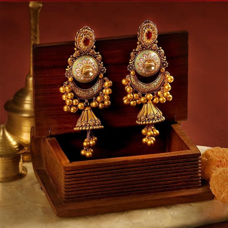 Elegant Indian Gold Jewelry jhumka earrings with antique finish and hanging beads